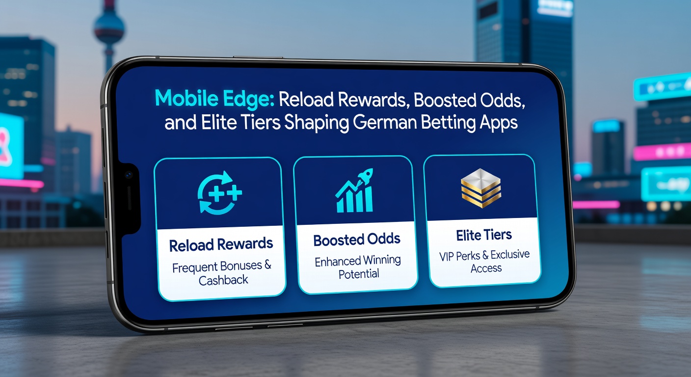 Smartphone mit Wett-App im Vordergrund, umgeben von Icons für Reload-Boni, verbesserte Quoten und VIP-Stufen, die den mobilen Vorteil in deutschen Betting-Apps illustrieren